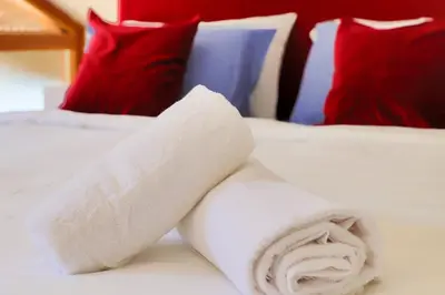 a rolled up towel on a bed with red pillows at Holiday Homes Mujo Bejzin in Račić