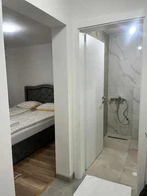 a bedroom with a bed and a walk in shower at Villa Casa de Dina in Bihać