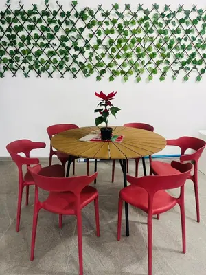 a wooden table with red chairs and a plant on it at Villa Casa de Dina in Bihać