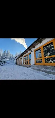 a building with a bunch of windows in the snow at Winter Forest Vlasic in Šišava