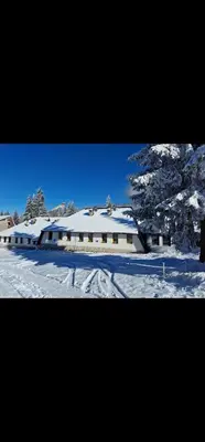 a building covered in snow with trees in the background at Winter Forest Vlasic in Šišava