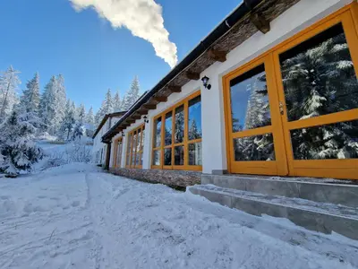 a house in the snow with windows at Winter Forest Vlasic in Šišava