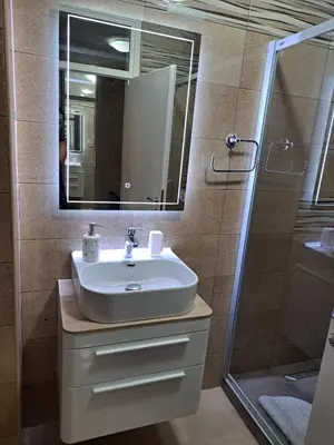a bathroom with a sink and a shower at Premier Apartment in Banja Luka
