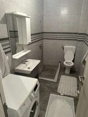 a bathroom with a toilet sink and a washing machine at Stan Živinice in Živinice