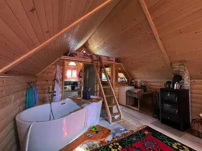 a bathroom with a tub and a ladder in a room at BellaVista Srce Prokosko Jezero in Fojnica