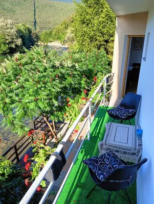 a balcony with two chairs and a bush with flowers at Villa Medo in Kulen Vakuf