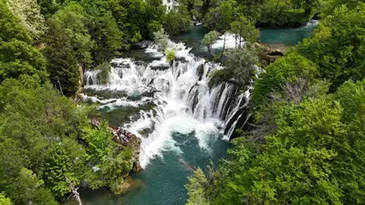 an aerial view of a waterfall in a river at Apartments Bioland in Kulen Vakuf