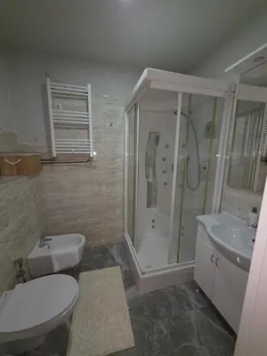 a bathroom with a shower and a toilet and a sink at Apartmani EMA Bihać in Bihać