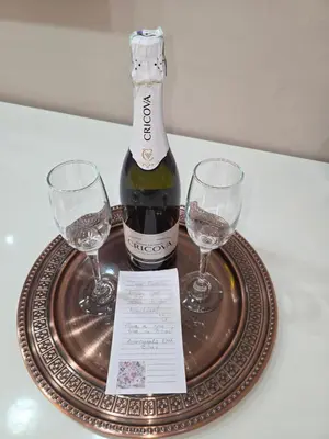 a bottle of wine and two wine glasses on a tray at Apartmani EMA Bihać in Bihać