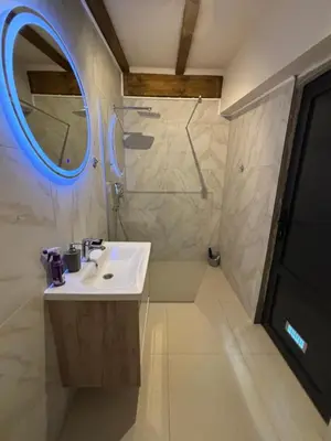 a bathroom with a sink and a shower with a mirror at Holiday Home Silenzio in Bihać