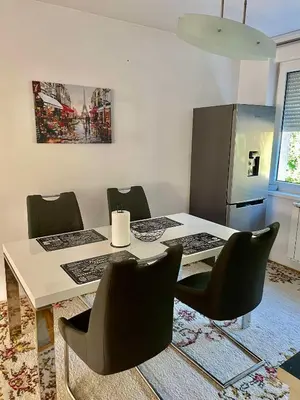a dining room with a white table and black chairs at Garden House in Tuzla