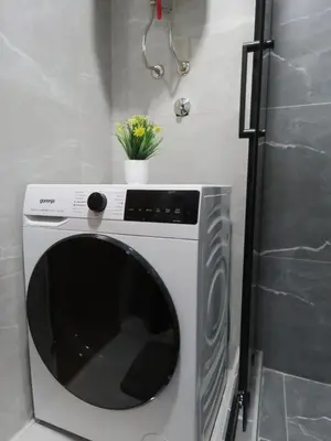 a washing machine in the corner of a bathroom at Apartman City in Jajce