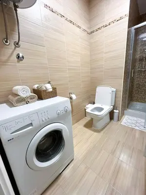 a washing machine in a bathroom with a toilet at Apartman Skyroom in Banja Luka