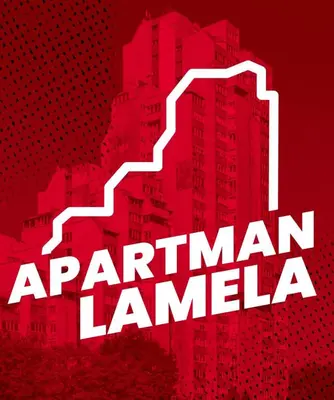 a poster of a building with the words american lanca at Apartman Lamela in Zenica