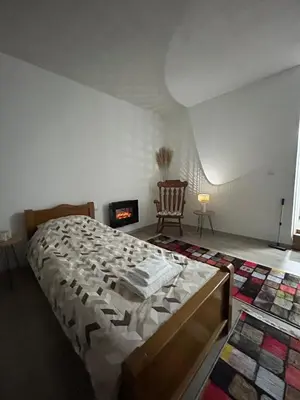 a bedroom with a large bed and a fireplace at EFESA Apartments in Visoko