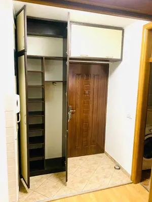 a closet with a wooden door in a room at Apartman H&A in Tuzla