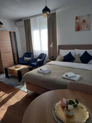 a hotel room with a large bed and a table at Apartman Mijate in Banja Luka