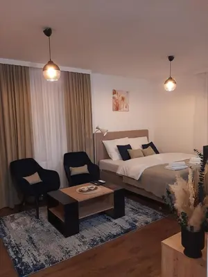 a bedroom with a bed and a table and chairs at Apartman Mijate in Banja Luka