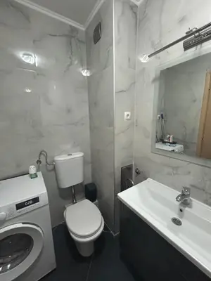 a bathroom with a toilet and a sink and a washing machine at Vert Lux in Banja Luka
