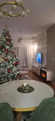 a living room with a christmas tree and a tv at Palata Gold Apartment in Banja Luka
