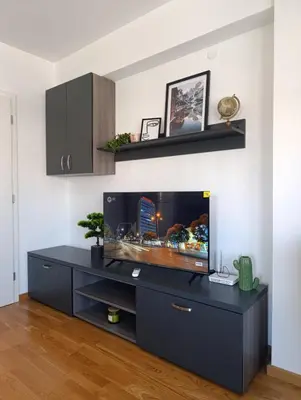 a black entertainment center with a tv in a living room at Apartman Dunja in Banja Luka