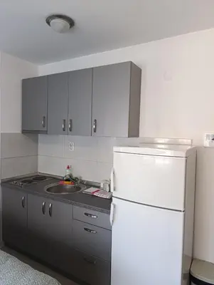 a kitchen with a white refrigerator and a sink at Apartman Dunja in Banja Luka