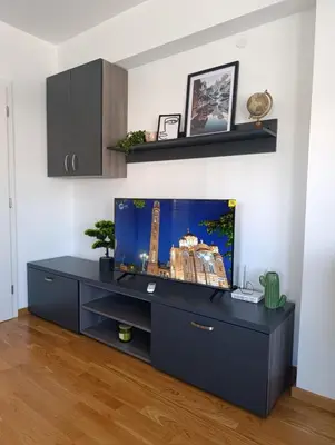 a black entertainment center in a living room at Apartman Dunja in Banja Luka