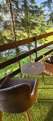 a table and a chair and a table with a wine glass at Friends Vlašić in Vlasic