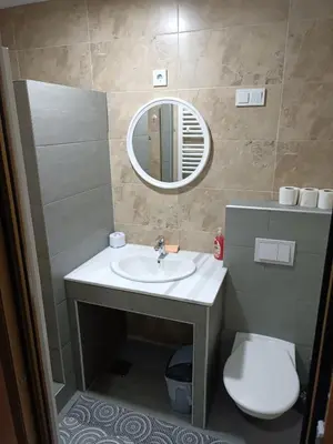 a bathroom with a sink and a toilet and a mirror at Apartmani Vila Alpe in Travnik