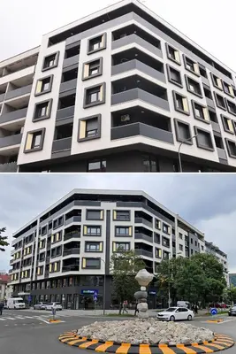 two pictures of a large white building at City Central Apartment - Top location in Banja Luka