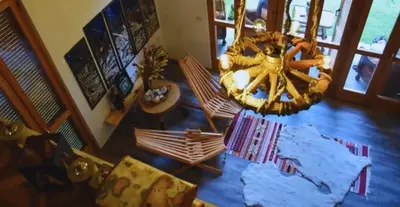 an overhead view of a living room with a chandelier at Vila Nature in Zavidovići