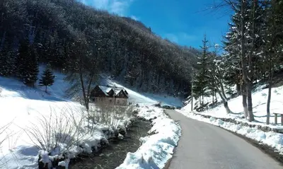 a house on the side of a snow covered road at Motel Luka in Deževice