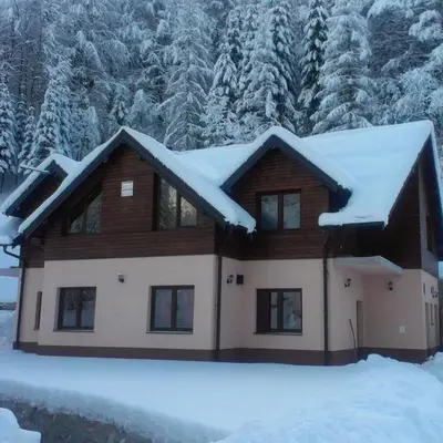 a house covered in snow with trees in the background at Motel Luka in Deževice