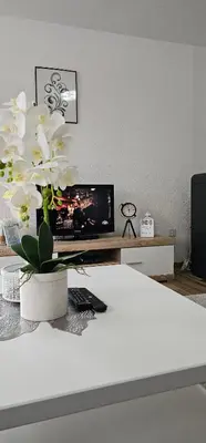 a room with a tv and a table with white flowers at Apartman Deny in Sanski most