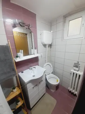 a bathroom with a sink and a toilet and a mirror at Studio Apartman in Banja Luka