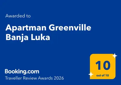 a yellow rectangle with the words pentameranian greenville and the words banana lobby at Apartman Greenville Banja Luka in Banja Luka