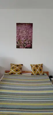 a bedroom with a bed with a painting on the wall at Jukan Apartman in Tuzla
