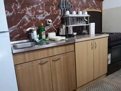 a kitchen with wooden cabinets and a sink at Evergreen in Banja Luka