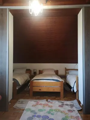 a room with two beds and a rug on the floor at Evergreen in Banja Luka