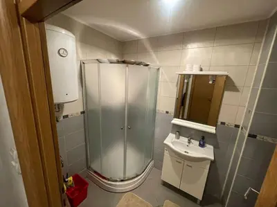 a small bathroom with a shower and a sink at Apartment Vlasic in Šišava