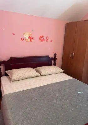 a bedroom with a bed and a pink wall at La Simba in Banja Luka