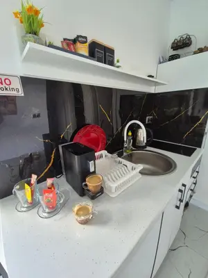 a kitchen counter with a sink and a dish rack at Apartmani City ES in Cazin