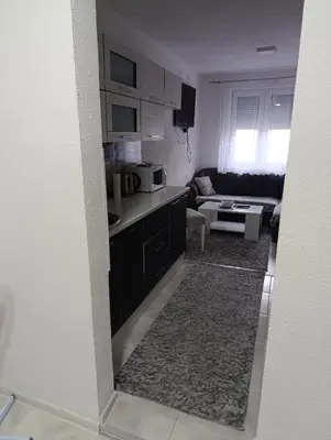 a kitchen and a living room with a couch at Apartman Ella in Bosanska Krupa