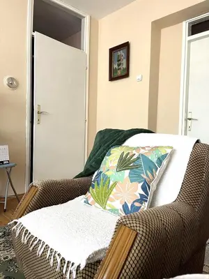 a room with a wicker chair with a pillow on it at La Simba2 in Banja Luka