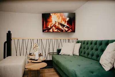 a living room with a green couch and a fire at Zapato Apartment Tuzla in Tuzla