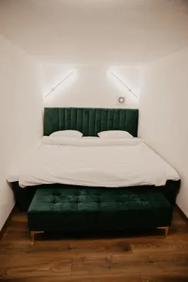 a bedroom with a bed with a green tufted headboard at Zapato Apartment Tuzla in Tuzla