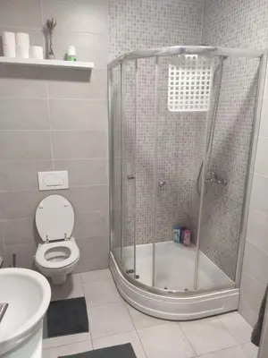 a bathroom with a shower with a toilet and a sink at Apartman Luka in Doboj