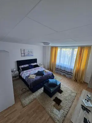 a bedroom with a bed and a large window at Apartman Lea in Železnička Stanica Incel