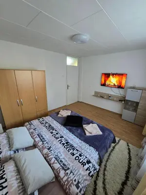 a bedroom with a large bed and a fireplace at Apartman Lea in Železnička Stanica Incel