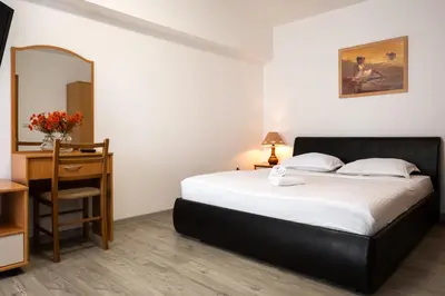 a bedroom with a bed and a desk and a mirror at Motel Jelić in Kraševo